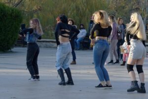 group, activity, dancing, women, talent, skill, girls, exercising, outdoors, training, show, park, pavement, dance, snapshot
