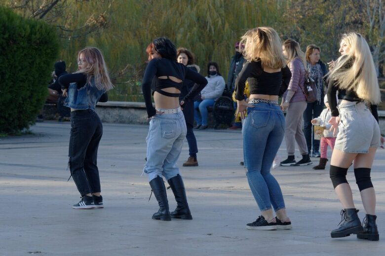 group, activity, dancing, women, talent, skill, girls, exercising, outdoors, training, show, park, pavement, dance, snapshot